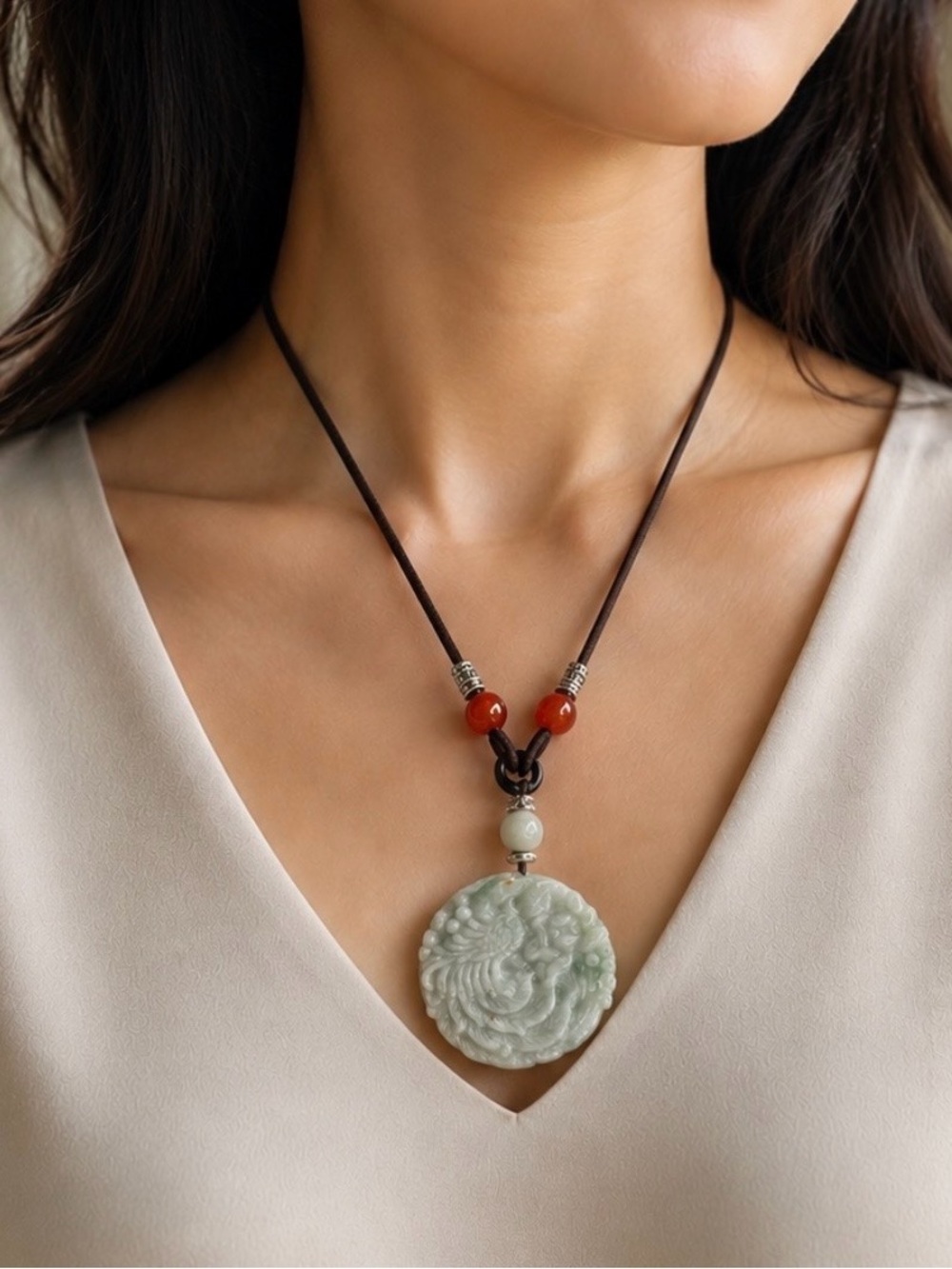 Green Jade Double Side Phoenix Carved Pendant Necklace 2 inches